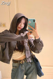 Sweatshirts Coats Women High Waist Crop Tops Solid Sudaderas Hip Hop Y2k Long Sleeve Korean Casual Zipper Pink