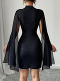 Women's Round-Neck Pitted Pearl Chiffon Cape-Topped Dress