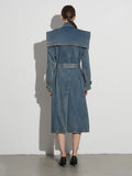 2025 New Design Feeling Takes The Waist Long Joker Wash Old Denim Trench Coat