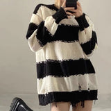 Basic Striped Sweater Women Vintage Hole Jumpers Knit Y2k Oversize Autumn Winter Thin Pullover Female Harajuku