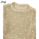 Women Fashion Hollow Out Lace Crochet Appliques Short Knitting Sweater Female Chic Basic O Neck Pullovers Tops