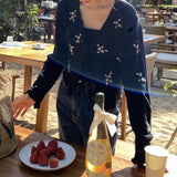 Women Korean Fashion Tops Flower Print Knitted Cardigan Suit Sweet Embroidery Vintage Sweater Beach Long Sleeve