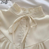 Lace-Up Kawaii Shirt Women New In Korean Preppy Style Button Up Elegant Blouse Mujer De Moda Loose Top Japanese