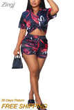 Printed Short Sleeve Bandage Tops and High Waist Biker Shorts Two Piece Set Women Summer 2023 Sexy Streetwear