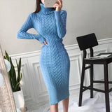 Winter Women Sheath Knitted Warm Dress Fashion Turtlenek Hemp Flowers Bodycon Thick Dress Split Pencil