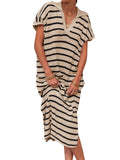 Zingj Summer Dress Women's V-Neck Stripe Low Slit Lapel Long Sweater Even-Outfit