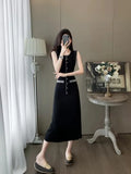 Elegant Sleeveless Round-Necked Pearl Knitted Long Dress Summer New High-End Simple