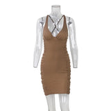 Deep V-neck Ruched Mini Dress Women Brown Spaghetti Strap Clothing Women Spring Casual Partywear Slim Elegant