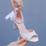 Cm Pearl Fish Mouth Coarse Sandals Shallow Buckle With Large-Size Beads Drifting Sandals Bride Beaded Wedding Shoes