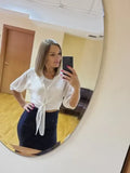 2021 Summer Half Sleeve Buttoned Up Shirt Loose Casual Blouse Chiffon Shirts Women Tied Waist Elegant Blouses for