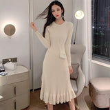 Autumn Winter Elegant Slim Midi Sweater Dresses Knitted Ruffle Dress Female A-line Casual