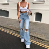 Street Women's Jeans Y2K High Waist Ripped Denim Jeans Straight Pants Streetwear Wide Leg Jeans Casual Loose Baggy