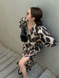 Women Elegant Leopard Print Midi Dress Sexy Lady One Piece Party Dress Female New Fashion Prom