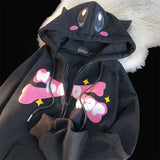 Devil Embroidery Hoodies Women Japanese Sweet Streetwear Cartoon Loose Sweatshirt Couple Zip Up Hoodie Goth Y2k