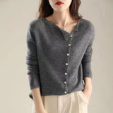 Bump Shirt ~ 2025 Autumn And Winter Single Row Buckle Cashmere Cardigan Women Solid Color Cashmere Low Round Collar Thin Knitted