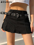 SUCHCUTE Gothic Casual Zipper Fly Safety Short Denim Skirt Summer Streetwear Low Waist Mini Jeans Skirt WIth Shorts For