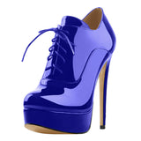Onlymaker Women's Black Red Platform Ankle Boots High Heels Lace Up Patent leather Stiletto Sexy Lady Fashion Sexy