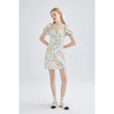 Summer Sweet French Floral Dress Elegant Square Collar Puff Sleeve Mini Vestidos Flower Print Fairy Dresses Ins Hot