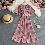 Zingj Temperament Fashion V Collar Fly Sleeve Dress Simple Pure Color Waist Belt Pleated Long