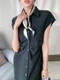 New Women Single Breasted Short Sleeve Office Lady Elegant Vestidos Femme Clothes Midi Slim Solid Shirt