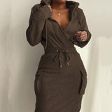 V Neck Hooded Sweatshirt Dress Fashion Long Sleeve Casual Dress Womens Lace-Up Elastic Waist Cargo Pocket Pullover