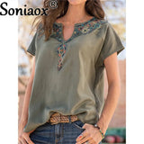 Women Urban Leisure V Neck Print Short Sleeve T-Shirt Ladies Ethnic Style Casual Loose Boho Retro Harajuku Oversized