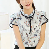 Summer Floral Print Chiffon Blouse Ruffled Collar Bow Neck Shirt Petal Short Sleeve Chiffon Tops Plus Size Blusas