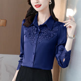 Spring 2025 New Shirt High-End Satin Stitching Lace Long-Sleeved