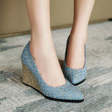 Wedges Women Shoes Fashion Pointed Toe High Heels Pumps Slip On Shallow Party Dress Shoes Woman Blue Red