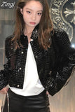 Spring Autumn Cool Short Black Shiny Reflective Patent Leather Jacket Women Runway Luxury Designer Clothes Fashion
