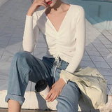 Sexy lace up knitting pullover top Fashion autumn winter sweater women Chic pink V-neck knit slim jumper pull