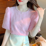 Elegant Beading Lace Blouse Puff Short Sleeve Women Korean Shirts O-neck Sweet Pleated New Casual Loose Tops Blusas