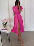 Fashion Loose Long Waist Maxi Dresses Elegant Button Party Long Dress Women Fashion O-Neck Puff Sleeve Solid A-Line