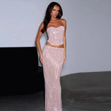 Pink Sequin Tube Top And Maxi Skirt Set- Outfit