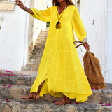 Spot 2025 Women's Summer And Autumn Bohemia Pure Color V-Neck Loose Long-Sleeved Cotton Linen