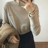 Velvet White Bottomed Shirt Women's Autumn And Winter New Style Embroidery Long-Sleeved Sanded T-Shirt Round Collar