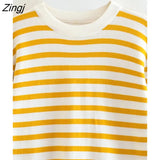 Women Fashion Color Matching Yellow Striped Print Knitting Sweater Female Basic Long Sleeve Chic Leisure Tops