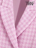 Women Fashion Tweed Houndstooth Cropped Blazer Coat Vintage Long Sleeve With Bejewelled Buttons Female Outerwear