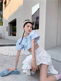 Jacquard Vintage Summer Elegant Blouse Women Blue Puff Sleeve Crop Top Ladies Short Sleeve Blouse Cheongsam