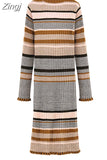 Striped Slim Sweater Maxi Dress Women O-neck Knitted Bodycon Dress Elegant Female Midi Dress Autumn Winter 2023