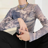 Y2k Vintage Tops Tie-dye Mesh T Shirt Turtleneck Long Sleeves T-shirts Women Sexy Slim Translucent Basic Tee Thin