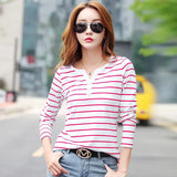 Shirt Spring Autumn Female Clothing Cotton T-Shirt Women Long Sleeve Striped Fashion Top Tee Lady V-neck Casual 7215