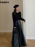 Spring Autumn Chic Black Shiny Patent Pu Leather Maxi Pleated Skirt Women High Waist Long Luxury Designer Clothes