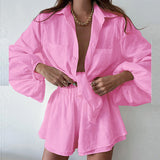 Women's Casual Pure Color Lotus Leaf Side Shorts Shirt Fashion Set Women's