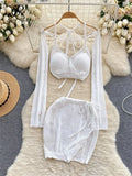 American Sexy Suits Hollow Out Long Sleeve Halter Mini Top+Slim Bodycon Skirt 2024 Y2K Summer Beach Style Knitted