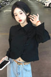 Black Slim Fit Chemises Femme Vintage Fashion High Street Women Short Length Crop Tops Long Sleeve Shirts