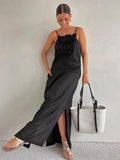 3d Flower Cotton Linen Sling Maxi Dresses Women Backless Sleeveless Slim Long Robes 2024 Chic Lady Vacation Party