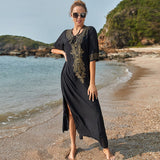 Indie Folk Lace Up V-Neck Batwing Sleeve Summer Beach Dress Tunic Women Beachwear kaftan Maxi Dress Robe Sarong