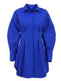 Spring Summer Bodycon Dress Women Khaki Long Sleeve Pleated Shirt Dress Office Ladies Solid Lapel Casual Mini