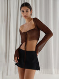Aesthetic Crop Top Summer Women Mesh Long Sleeve T Shirt Lace Up Bandage Clothes y2k Clothes Casual Grunge